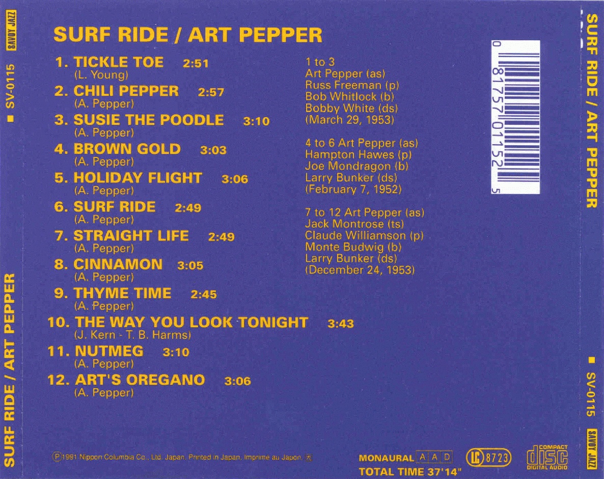 Art Pepper Discography - Surf Ride (& Rider)
